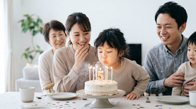 誕生日パーティーでケーキのろうそくを吹き消す女の子と見守る家族
