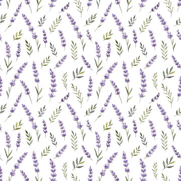 Purple lavender sprigs seamless watercolor pattern, tileable for aromatherapy packaging and feminine textile.