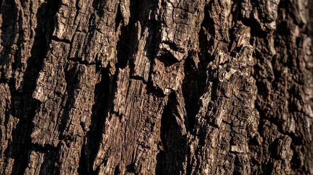 Rugged tree bark surface displaying intricate brown textures with dramatic natural lighting and sharp macro details