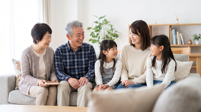 リビングのソファに座って笑顔で会話を楽しむ三世代家族