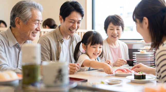回転寿司店で笑顔で食事を楽しむ三世代の家族