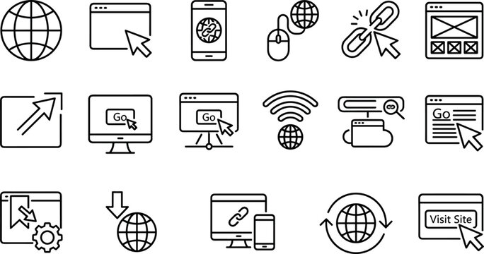 Web navigation internet browser icons set line art outline vector elements for website redirection minimalist monochrome doodle interface business illustrations