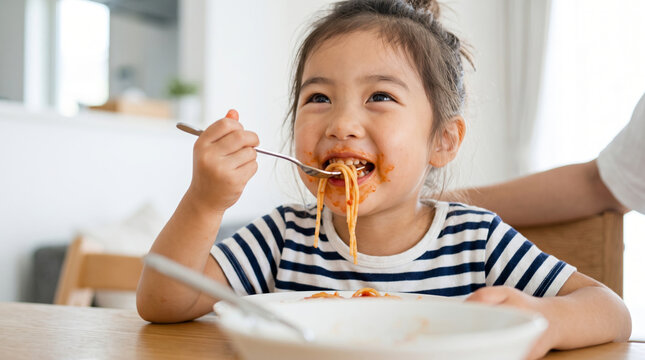 口のまわりをソースで汚しながら笑顔でスパゲティを食べる子供