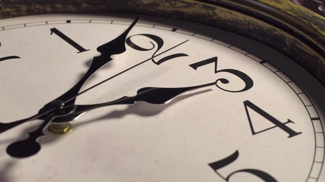 Close up of antique clock face showing time passing with moving hands over white dial.
