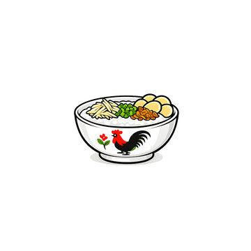 Indonesian Bubur Ayam Chicken Porridge in Traditional Rooster Bowl Vector Illustration