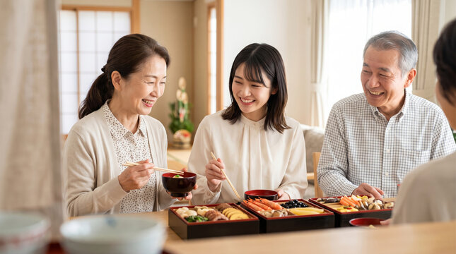 お正月に家族で食卓を囲みおせち料理を楽しむ笑顔の家族