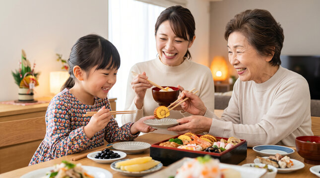 正月にリビングで家族揃っておせち料理を食べる三世代家族