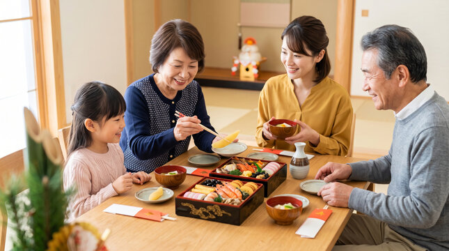 正月におせち料理を囲んで食卓を楽しむ三世代家族