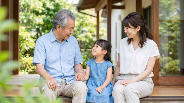 一戸建ての縁側で笑顔で団らんする祖父と母親と孫の三世代家族