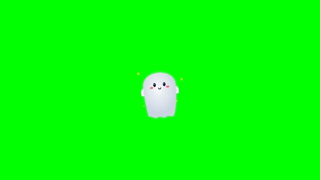 Cute Animated Ghost Character Floating on Green Screen Background.