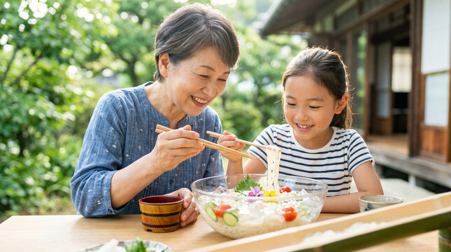 縁側でそうめんを笑顔で食べる祖母と孫の女の子