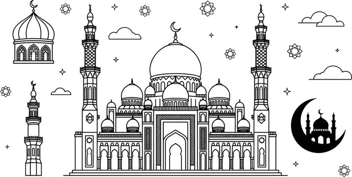 Mosque islamic architecture icons set line art outline vector elements for ramadan eid celebration minimalist monochrome doodle culture illustrations
