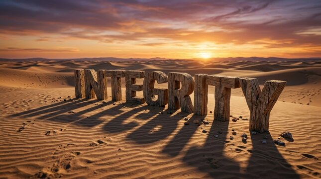 Wooden word integrity stands firmly within vast desert landscape under brilliant golden sunset light during evening