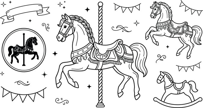Carousel horse vintage icons set line art outline vector elements for amusement park carnival minimalist monochrome doodle fairground illustrations