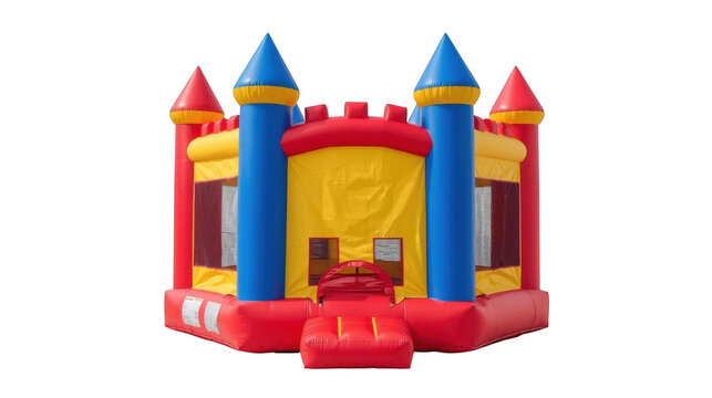 Inflatable castle bounce house with red and yellow walls, blue slide, and turrets set against a plain background.