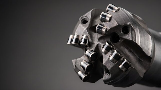 Close up macro photograph of polished black synthetic polycrystalline diamond compact pdc cutter teeth embedded on heavy tungsten carbide drill bit body for deep geothermal energy exploration