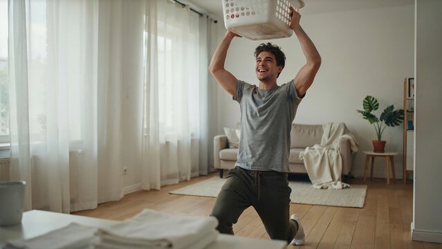 Man playfully balancing a laundry basket above his head in a sunny home
