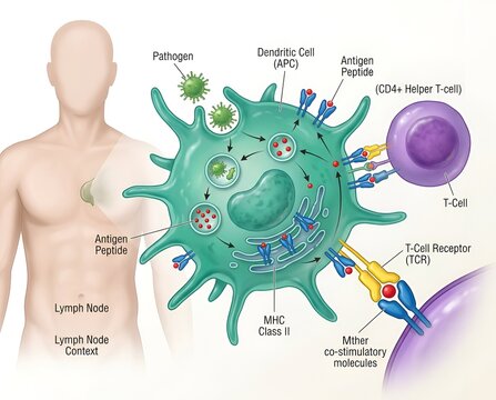 Detailed medical illustration explaining antigen presentation by dendritic cells to T cells in the human immune system