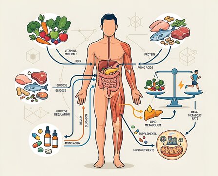 Nutritional science infographic illustrating human anatomy, metabolism, and balanced diet