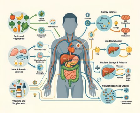 Metabolic processes and human nutrition infographic showing nutrient digestion and organ system function in the body