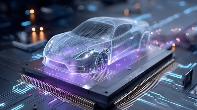 Glowing Translucent Wireframe Sports Vehicle Concept Standing on Ultra Low Latency Co-Packaged Optics CPO Semiconductor Chip Board with Optical Interconnect Light Tracks