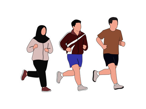Young men and muslim woman jogging together vector illustration