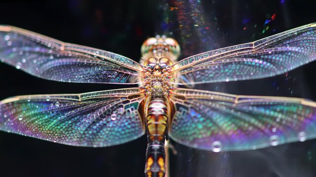 Macro view of dragonfly with iridescent rainbow crystal wings on dark background. Detailed wing venation, light refraction, water droplets, and misty particles. High contrast close-up.