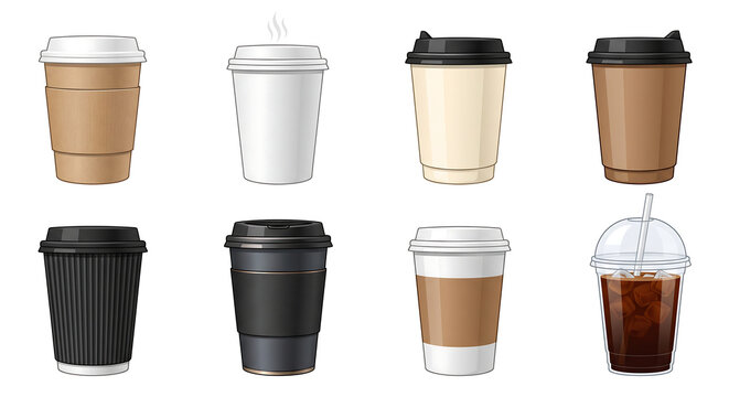 A collection of eight various disposable takeaway coffee cup designs including paper cups with sleeves, black plastic lids, white mugs, and a clear plastic cup with iced coffee and a straw.