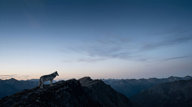 Grey wolf standing on a mountain ridge at twilight in the wilderness