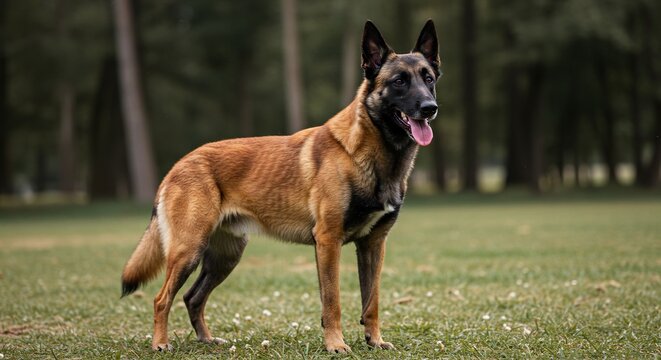 Belgian Malinois Alertness: A proud Belgian Malinois stands attentively in a grassy field, its alert gaze and powerful build exuding a sense of readiness and intelligence.