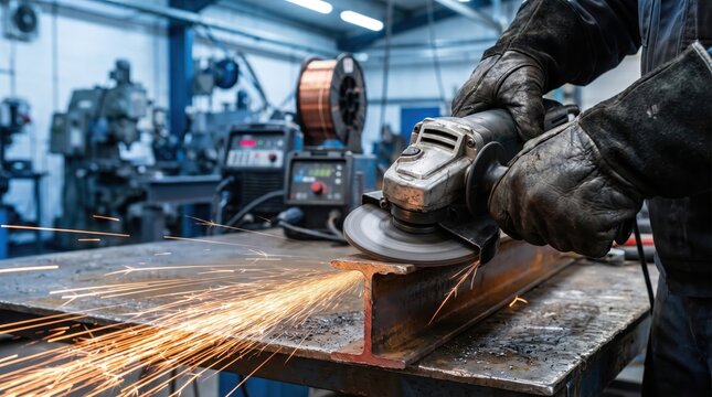 Close up shot of a worker using an angle grinder to cut a heavy steel beam in a metal fabrication workshop.