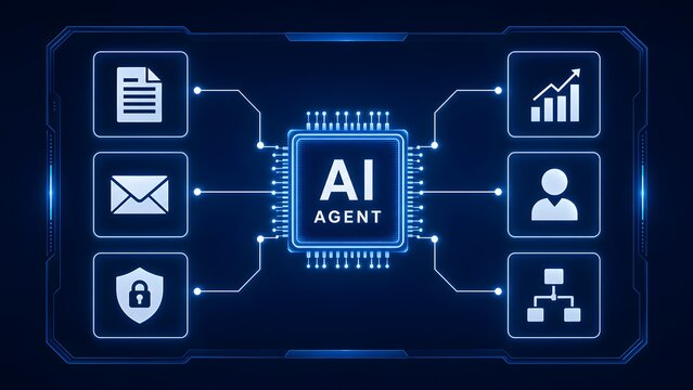Artificial intelligence agent microchip interface connecting business workflow security and communication network icons