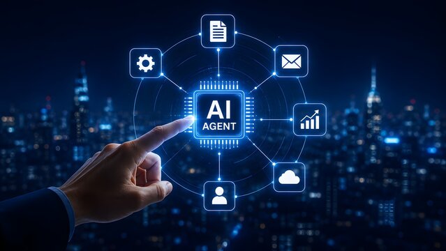 Artificial intelligence agent interface touched by human hand representing digital automation and smart city corporate workflow
