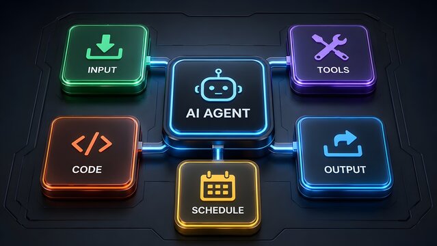 Artificial intelligence agent dashboard interface with glowing code schedule and tool buttons representing automated software workflow
