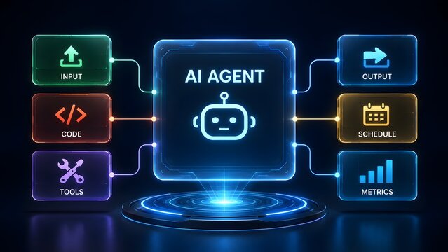 Artificial intelligence agent holographic interface displaying input code and metrics workflow representing automated task management