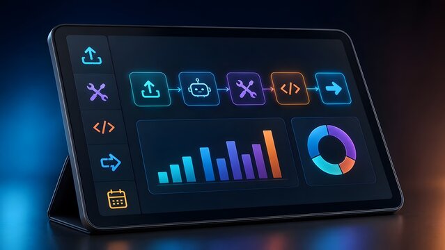 Artificial intelligence agent dashboard on tablet displaying automated software workflow flowchart and data analytics charts