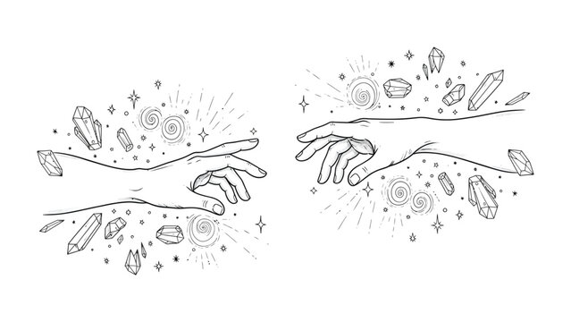 Outstretched hands reaching towards each other surrounded by magic stars