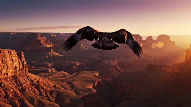 Golden eagle soaring over vast desert canyon at sunset. Warm golden light illuminates eagle feathers and deep rocky ravines. High-angle view of predatory bird in flight.