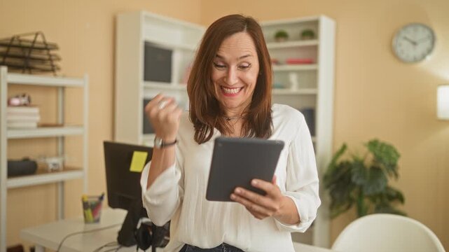 Woman holding tablet with fist pump gesture and broad smile at desk and monitor in office building; joy celebration.