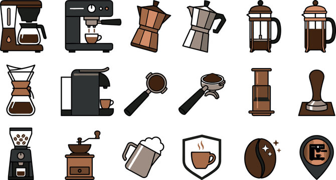 Coffee Brewing Equipment and Barista Espresso Tool Icon Set Featuring Coffee Makers Moka Pots French Press Chemex Coffee Bean and Cafe Map Pin Symbols