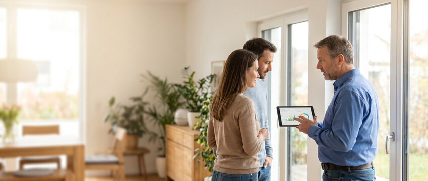 Residential energy consultant advises homeowners inside modern home, explaining energy efficiency, home upgrades, utility savings and sustainable improvement options during professional consultation.
