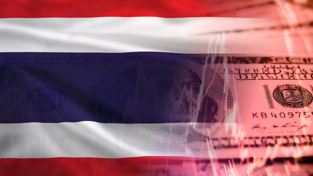 US 100-dollar bill, flying Thai flag, financial index chart, upward-pointing red arrow, US-Thailand trade relations, expansion of Thailand's economic foreign exchange and currency investment.