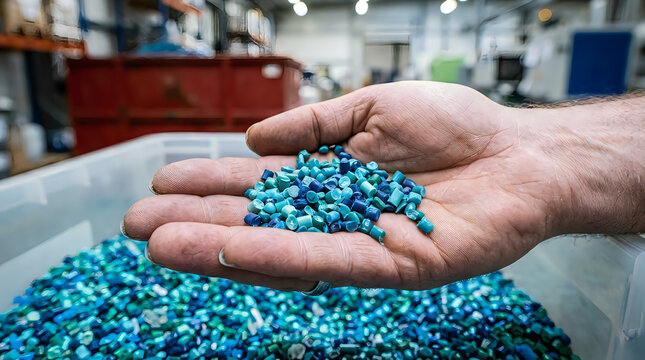 Industrial manufacturing, worker holding blue plastic granules, raw polymer pellets in factory setting, material inspection, recycling raw materials, production process