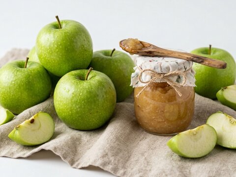 Fresh green apples with homemade apple jam and wooden spoon on cloth.