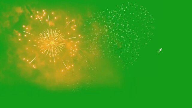 Fireworks on Green Screen Background for Video Editing, Overlays, Motion Graphics, Visual Effects, Animation, Celebrations, Events, Design Projects and Stock Footage