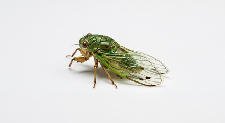 Fototapeta premium Green Cicada Insect on White: A detailed close-up of a vibrant green cicada insect showcasing its intricate wings and body, isolated on a clean white background.