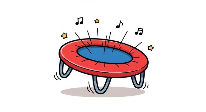 Joyful Bounce: A whimsical illustration of a red and blue trampoline, emanating musical notes and starbursts, suggesting energetic fun and playtime.
