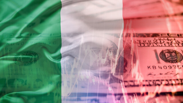 US 100-dollar bill, flying Italy flag, financial index chart, upward-pointing red arrow, US-Italy trade relations, expansion of Italy's economic foreign exchange and currency investment.