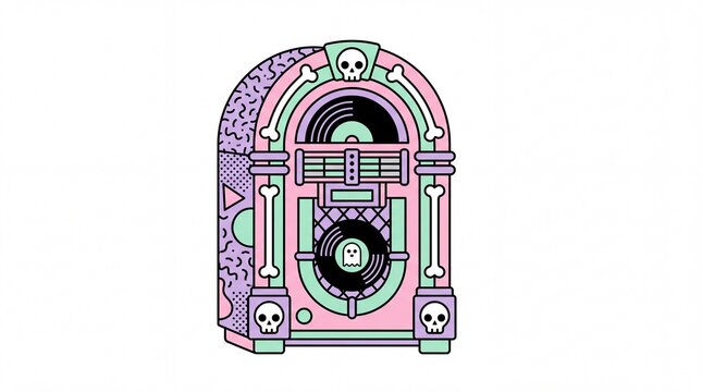 Memphis style jukebox illustration with skulls and ghost record in pastel pink and mint
