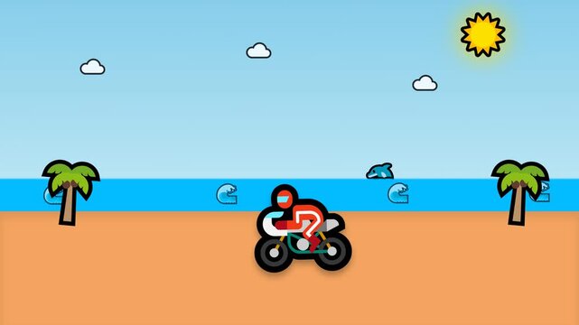 Cartoon motorcyclist riding on a beach with palm trees and ocean